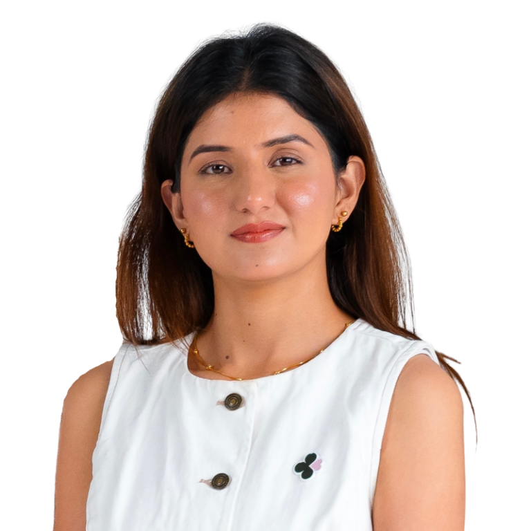 Professional headshot of woman in white sleeveless top